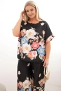 Moteriškas Plus Size komplektas su palaidine ir gėlėtomis plačiomis kelnėmis juoda