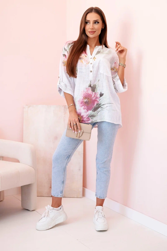 Women's cotton blouse with a floral pattern and buttons - white