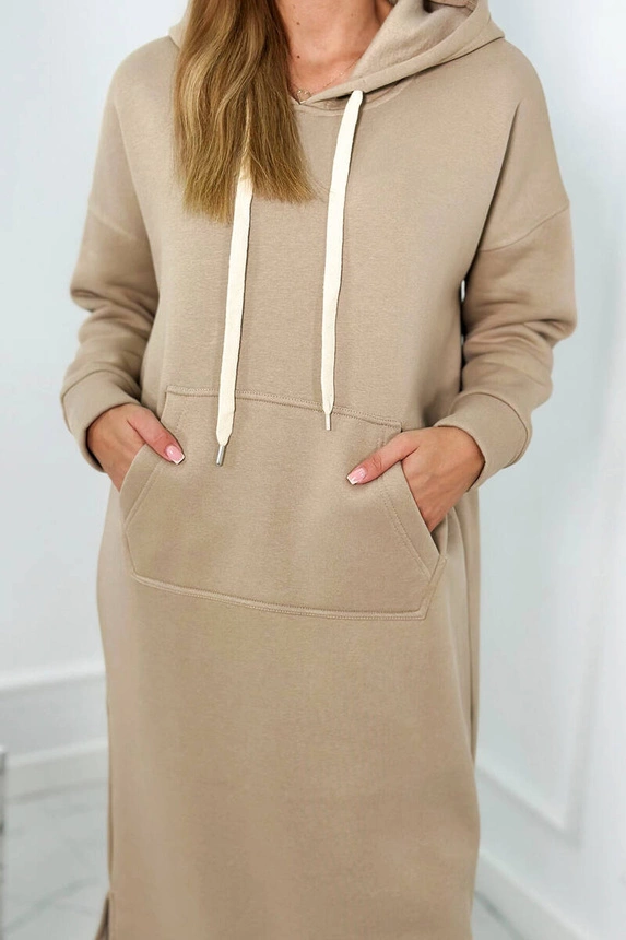 Long dress with a hood light beige