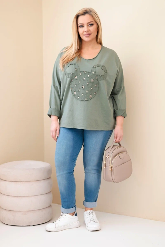 Bluzka damska bawełniana Plus Size z dekoltem V khaki