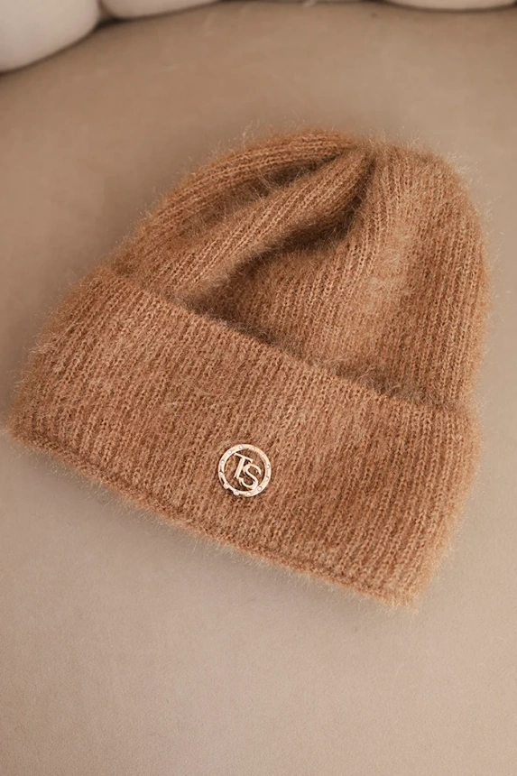 Women's winter fluffy hat with decorative button camel