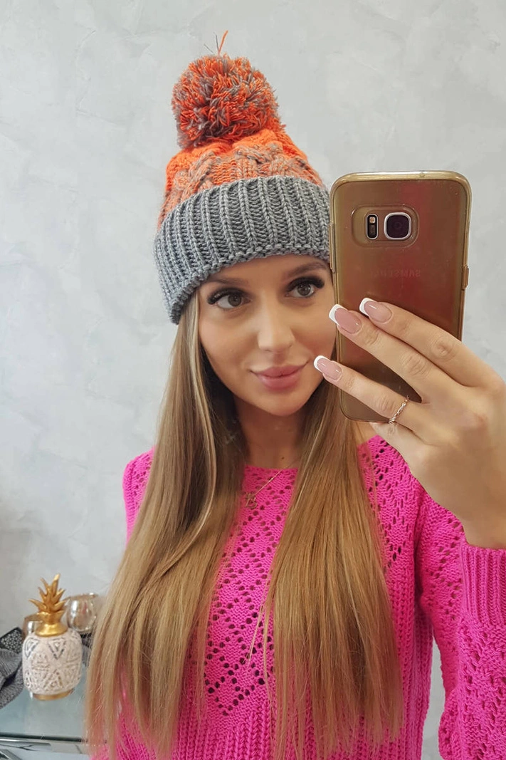 Dámská čepice s bambulí Abigail K326 šedá+neon orange