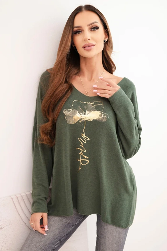 Women's viscose blouse with long sleeves and gold floral print dark khaki