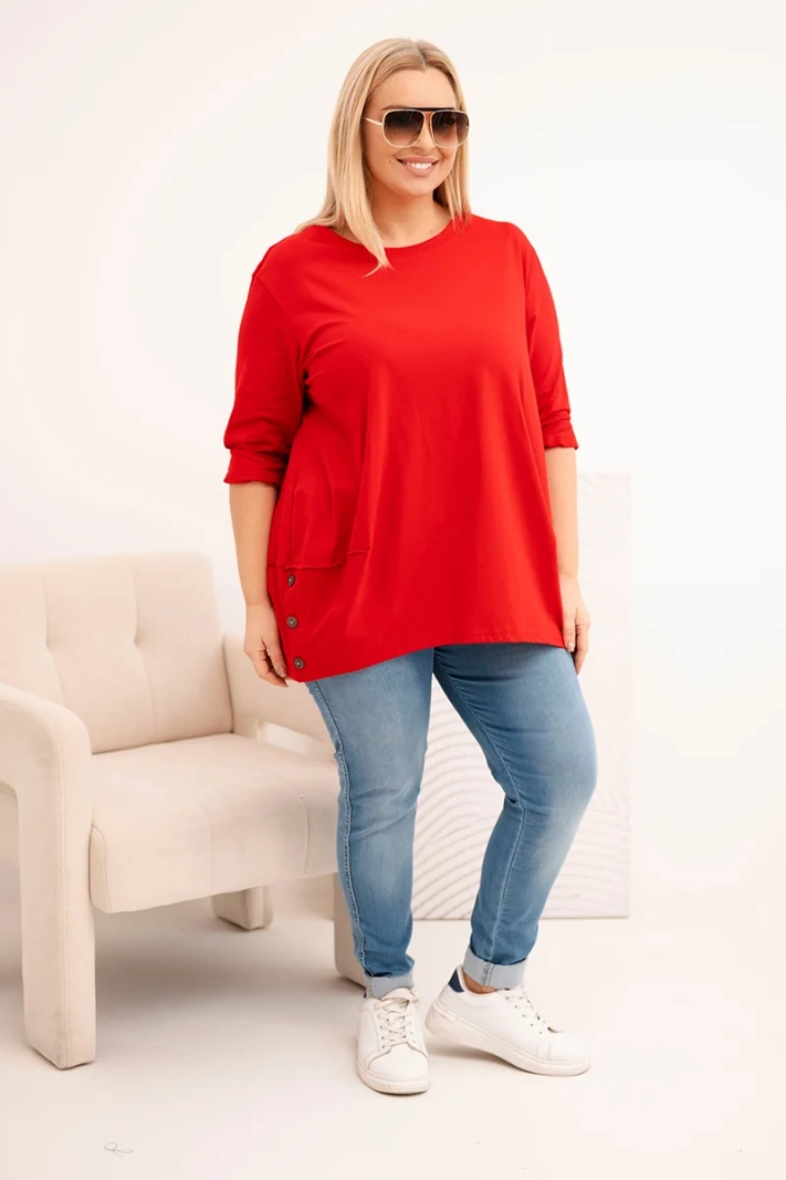 Plus Size women's cotton blouse with decorative buttons and rolled-up sleeves red