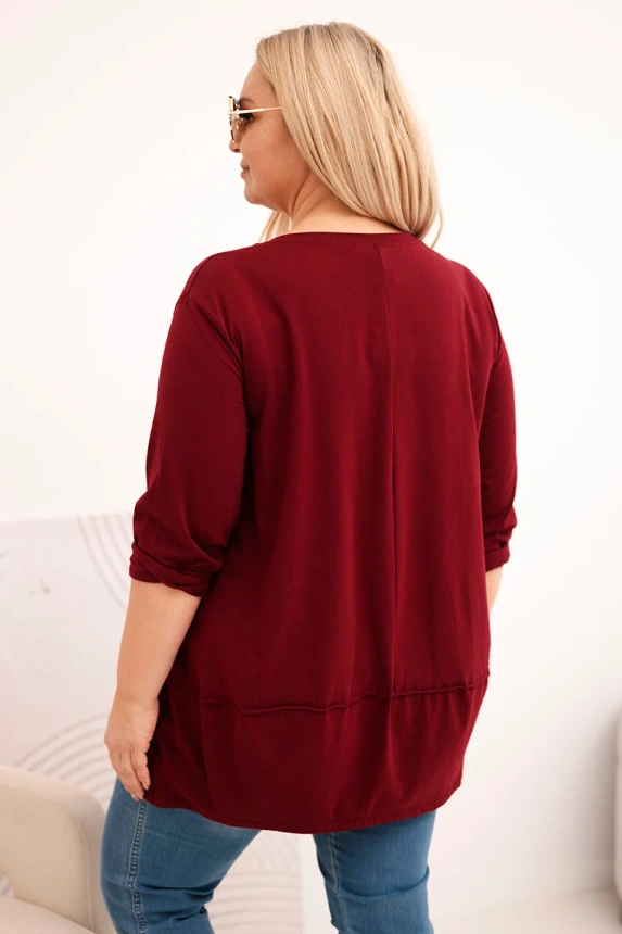 Moteriška bluzonė Plus Size iš medvilnės su dekoratyviniais mygtukais ir sukamu rankovėmis bordo
