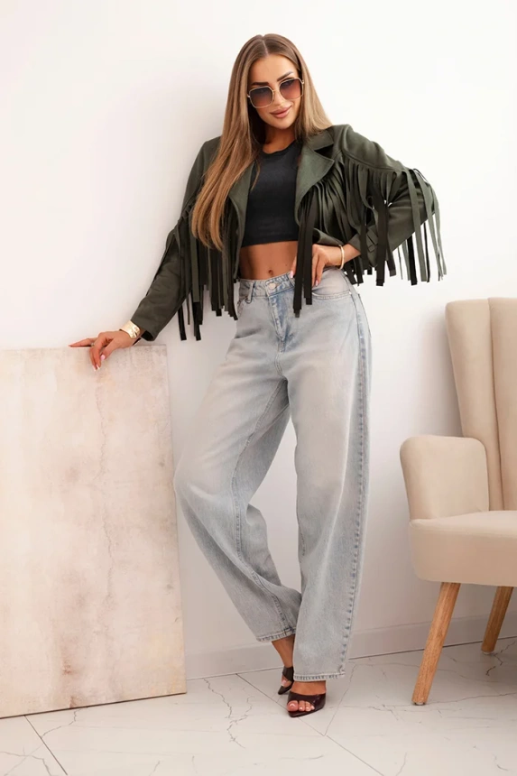 Women's suede jacket with fringes khaki