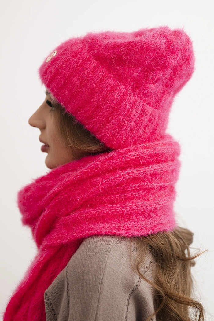 Women's set hat and scarf ribbed with decoration neon pink