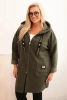 Plus Size women's coat made of faux shearling with a hood and pockets khaki