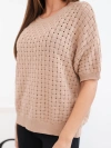 Sweter damski bawełniany ażurowy z krótkim rękawem camelowy