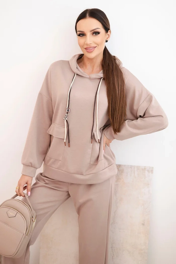 Women's set butter hoodie and pants with a belt dark beige