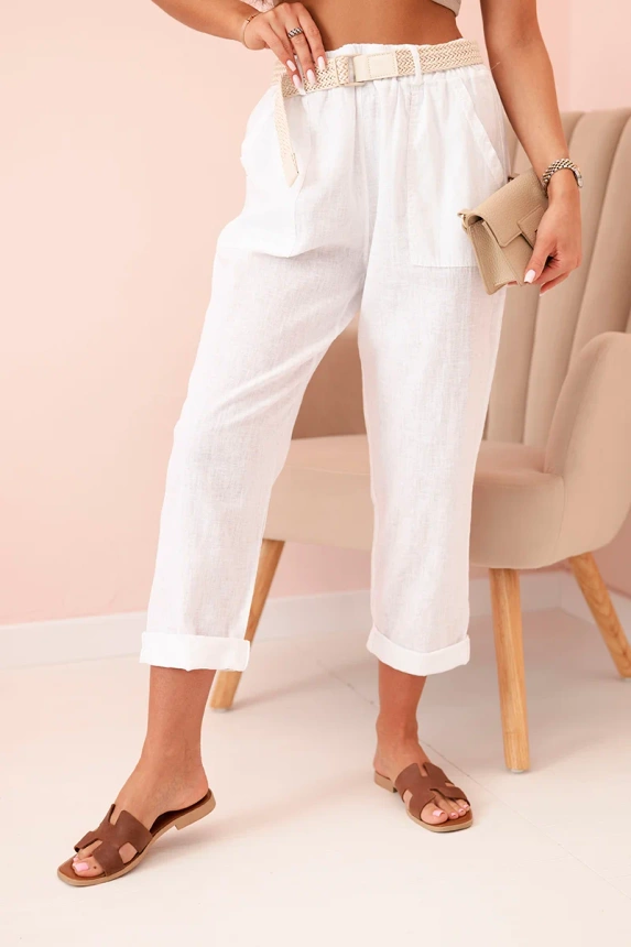 Women's linen cotton pants with a belt white