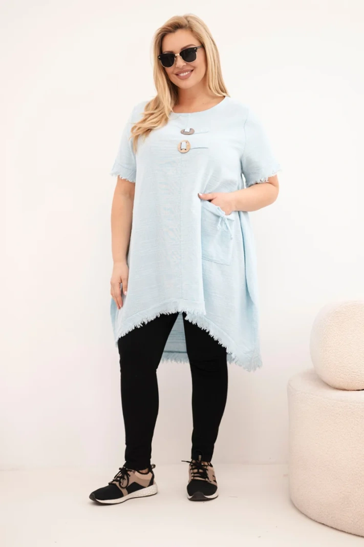 Dámské bavlněné šaty Plus Size s prodlouženým zadním dílem a kapsou modrá