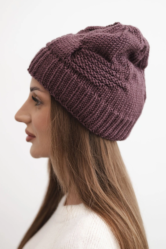 Women's winter hat acrylic with decorative weave K462 dark purple