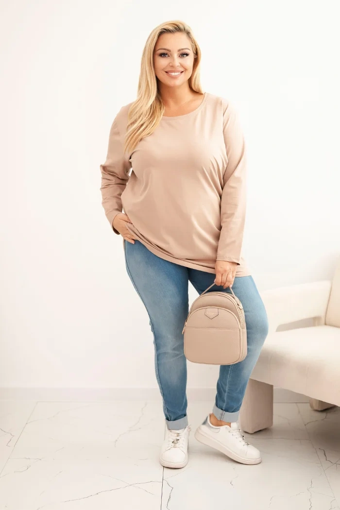 Moteriška Plus Size medvilninė palaidinė su apvaliu iškirpimu fango