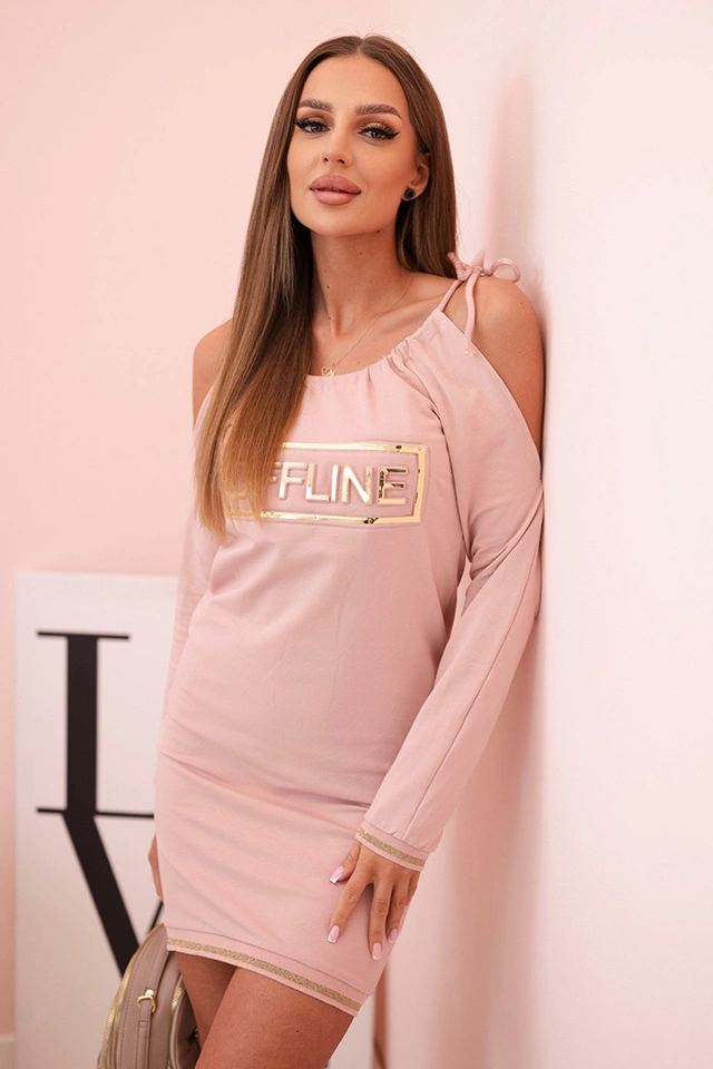 Sukienka damska bawełniana z odkrytymi ramionami i napisem OFFLINE ciemny pudrowy róż