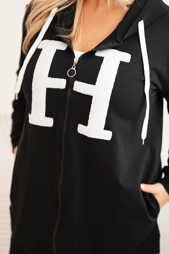 Dámská mikina Plus Size bavlněná s kapucí a velkým písmenem H černá