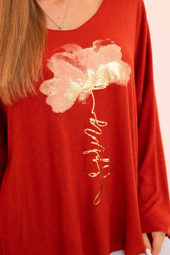 Women's viscose blouse with long sleeves and gold floral print red
