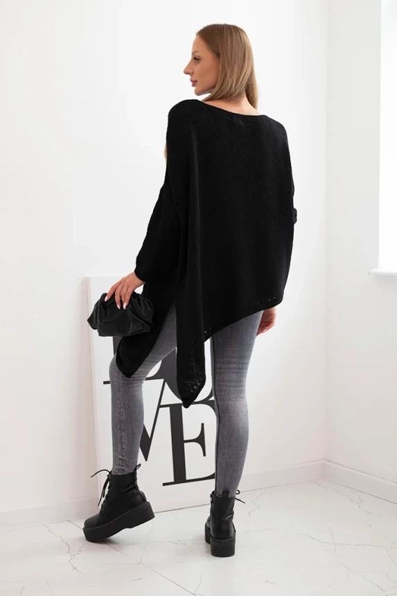 Women's asymmetrical wool sweater Plus Size with V-neck black