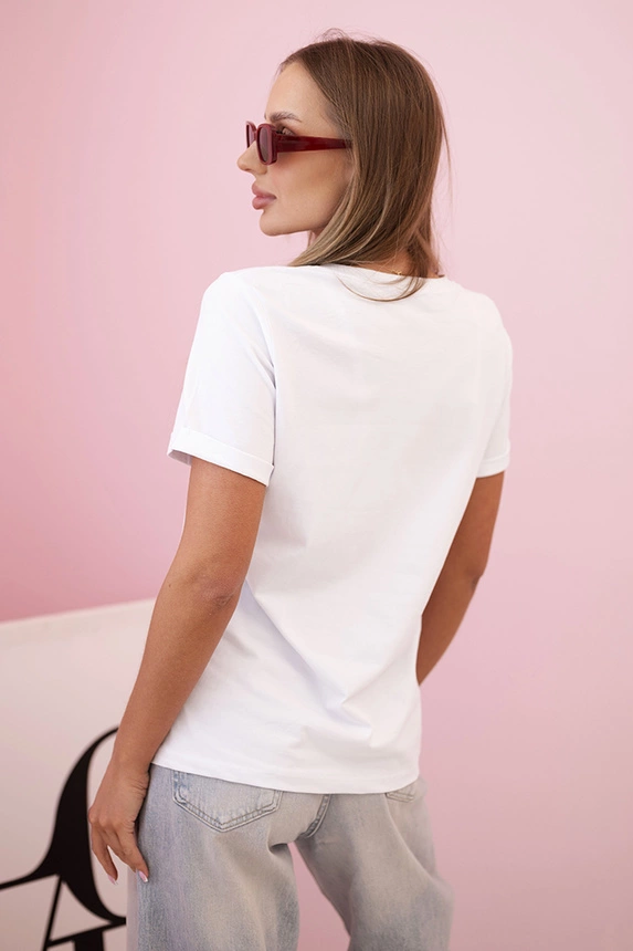 Women's ribbed blouse with a V-neck and short sleeves beige