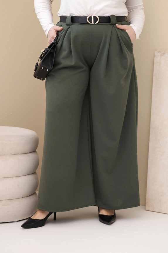 Dámské kalhoty Plus Size viskózové s širokou nohavicí a páskem khaki