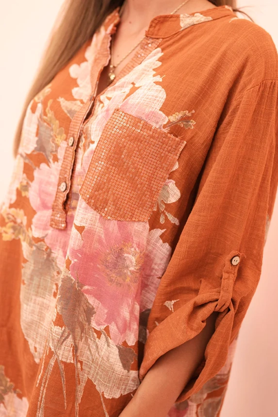 Women's cotton blouse with floral pattern and buttons, ginger