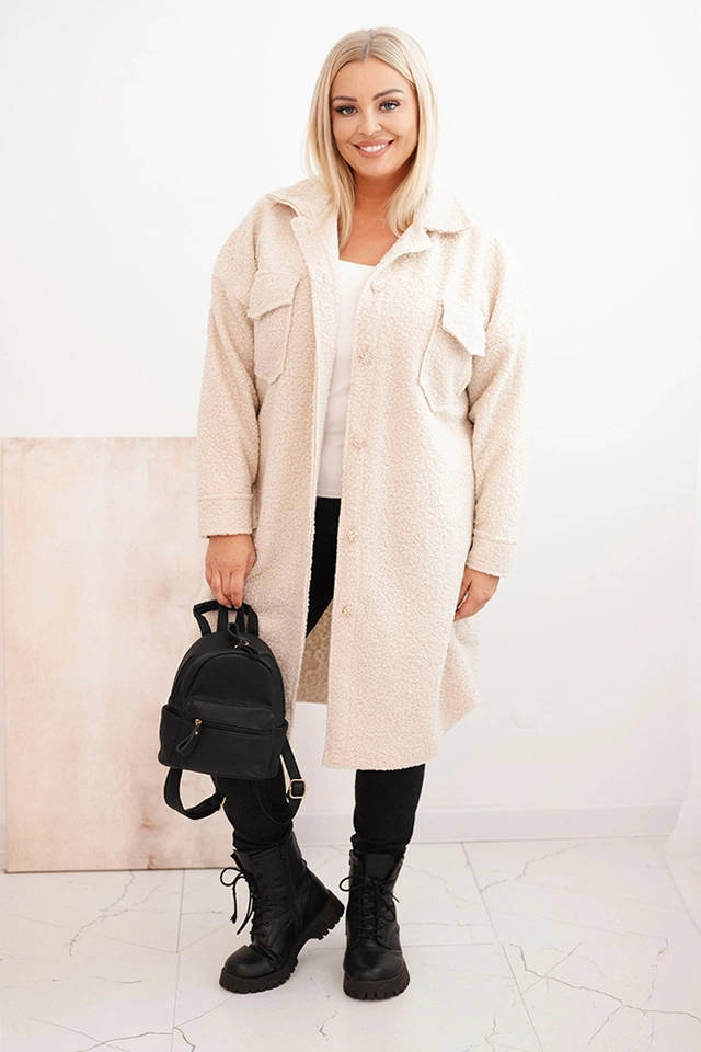 Płaszcz damski Plus Size z wełną zapinany na guziki z kieszeniami i kołnierzem jasny beżowy