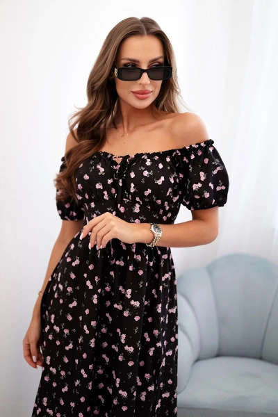 Women's maxi dress with flowers and puffs black