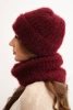 Women's set hat and winter fluffy scarf with decorative emblem burgundy
