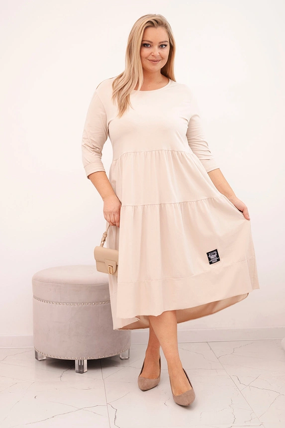 Damen Baumwollkleid in Übergröße mit Rüschen und umgeschlagenem Ärmel beige