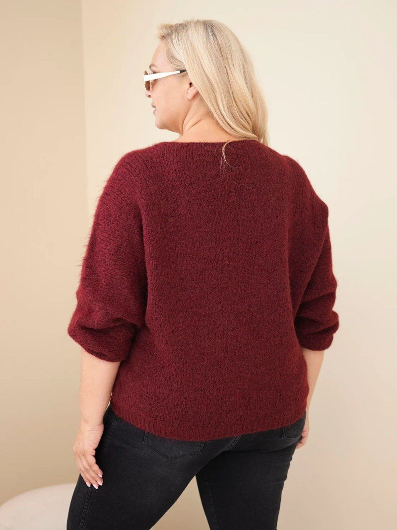 Damenpullover Plus Size mit V-Ausschnitt und weitem Ärmel bordowy
