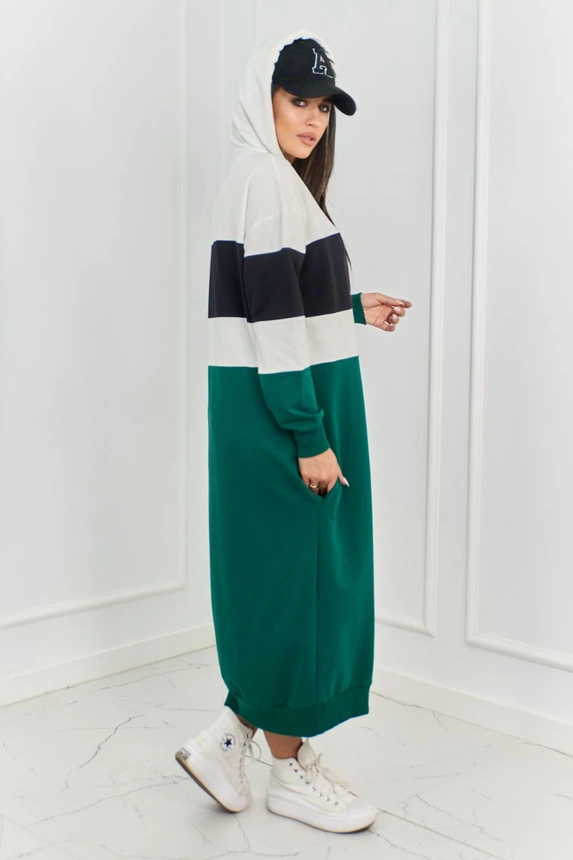Tricolor dress with hood ecru + black + dark green
