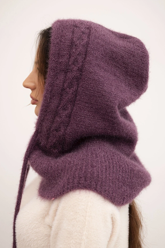 Women's hooded cap with tie and braided weave dark purple