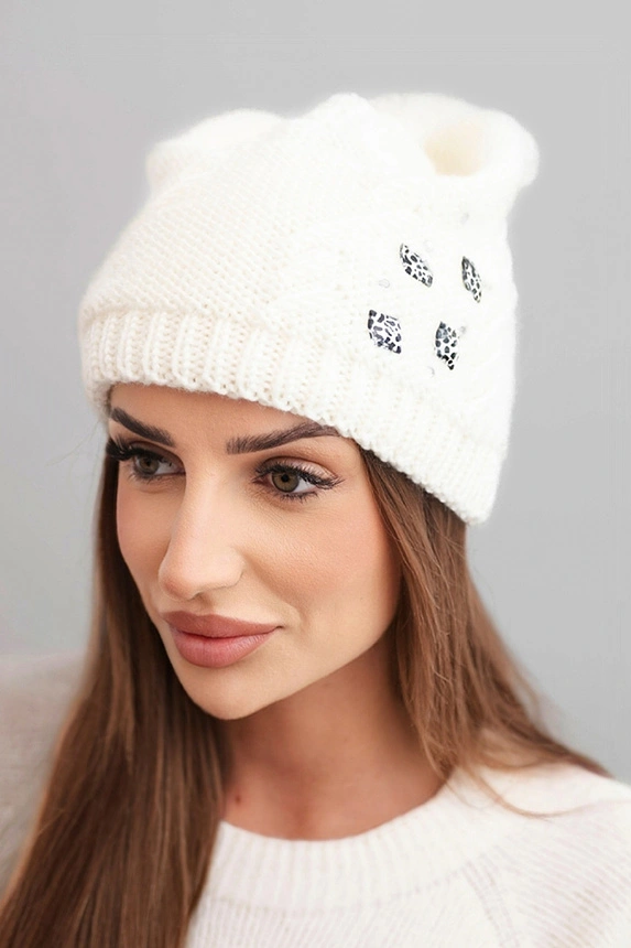 Women's winter wool hat with zirconia and pattern K455 mocha
