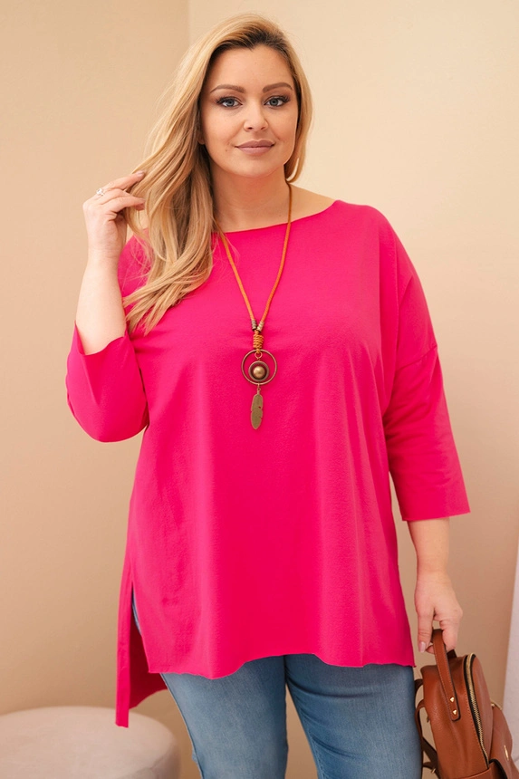 Damenbluse Baumwolle Plus Size asymmetrisch mit Halskette fuchsia