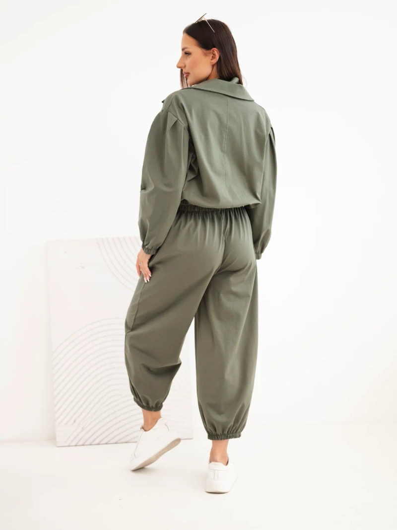Women's cotton set with collar and jogger pants khaki
