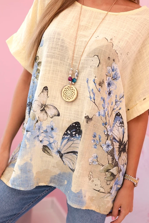 Women's cotton shirt with butterflies and flowers yellow