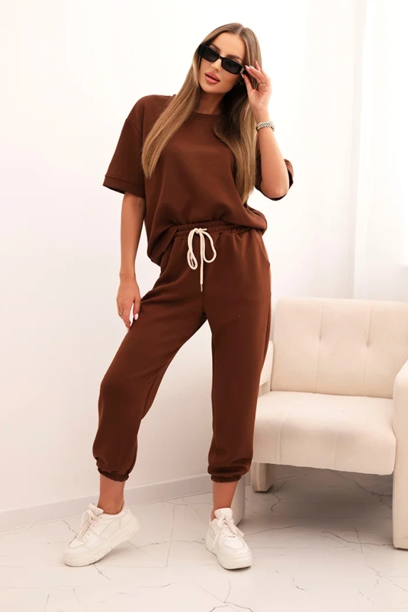 Damen-Set aus Viskose mit kurzem Arm und Hose, schokoladenfarben