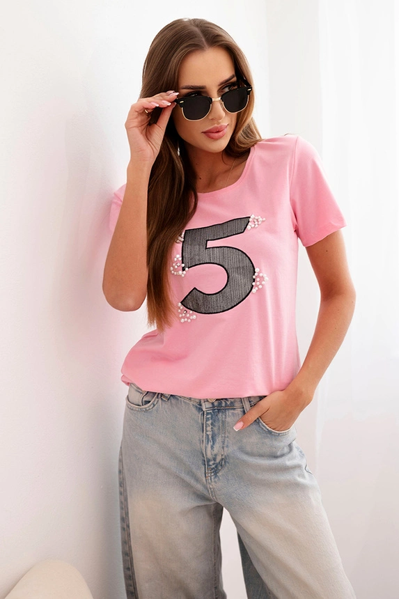 Women's cotton short-sleeve blouse with a patch and pearls light pink