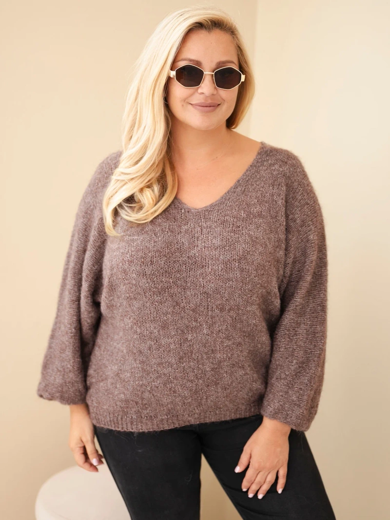 Damenpullover Plus Size mit V-Ausschnitt und weitem Ärmel mocca