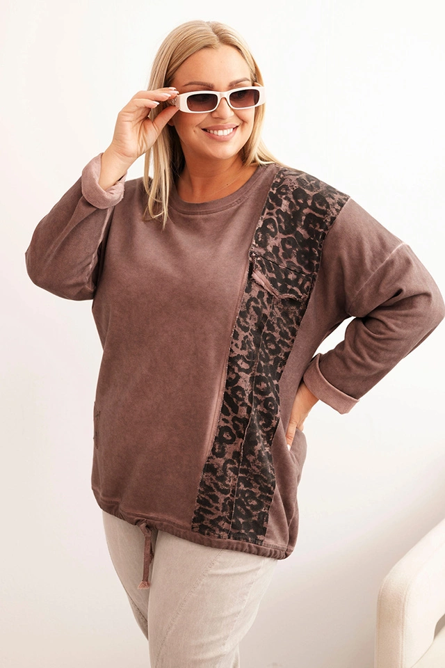 Damenpullover Plus Size aus Baumwolle mit Leopardenstreifen und Kordelzug braun