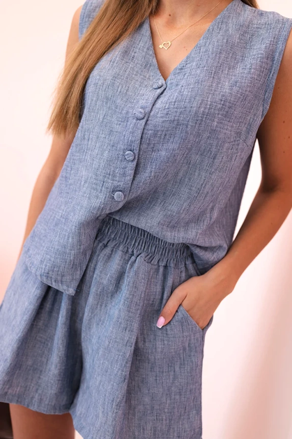 Women's viscose set buttoned vest and shorts denim melange