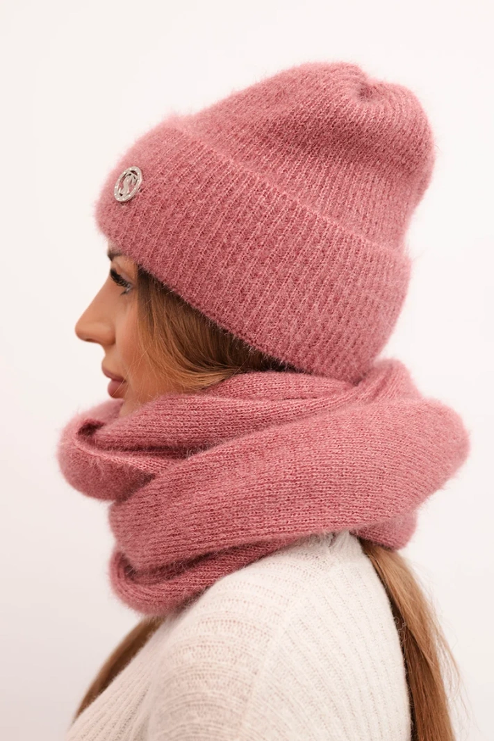 Damen-Set mit Mütze und Schlauchschal aus weichem Jersey dunkelpudriges Rosa