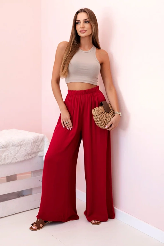 Women's wide viscose trousers with elastic waistband burgundy