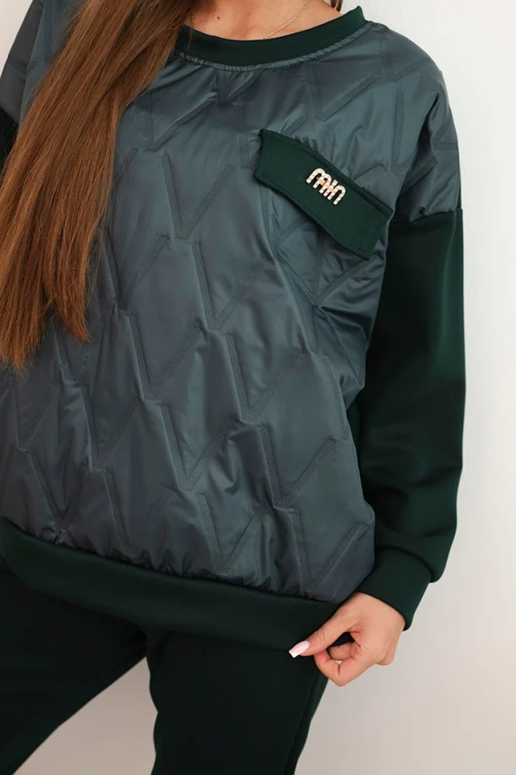 Women's tracksuit set made of viscose with a quilted sweatshirt and pants dark green