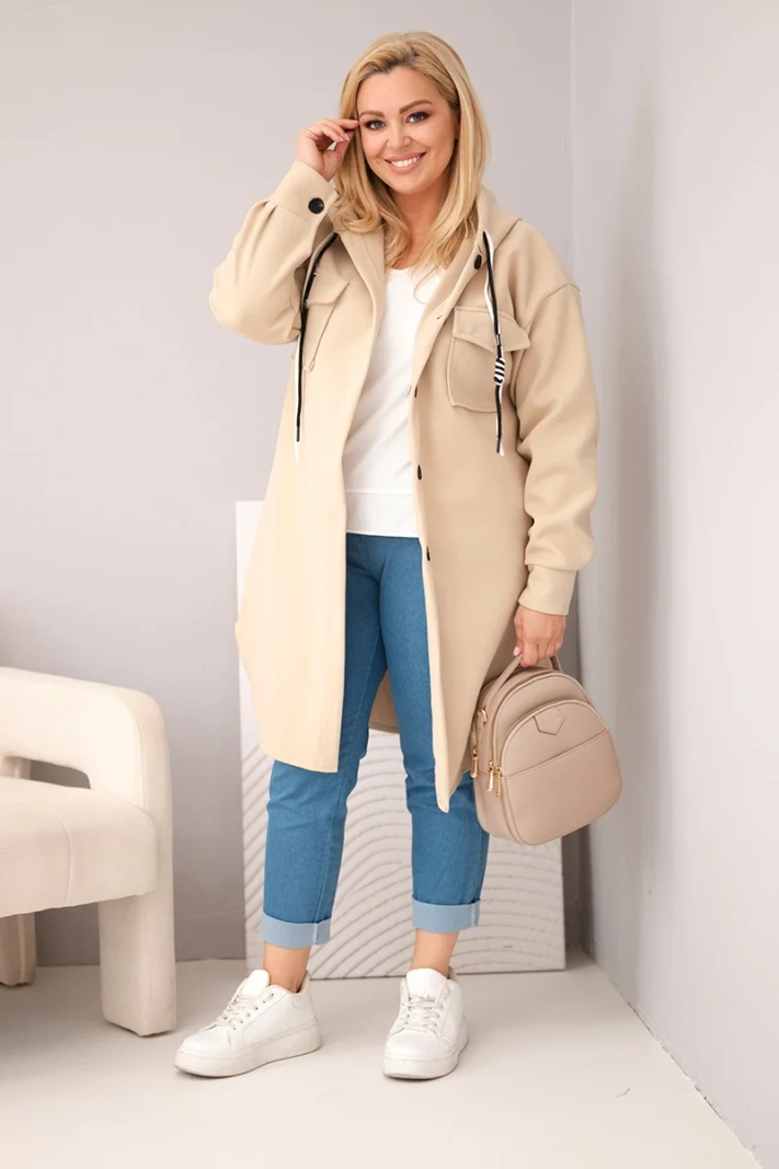 Women's plus-size hooded coat with button fastening dark beige