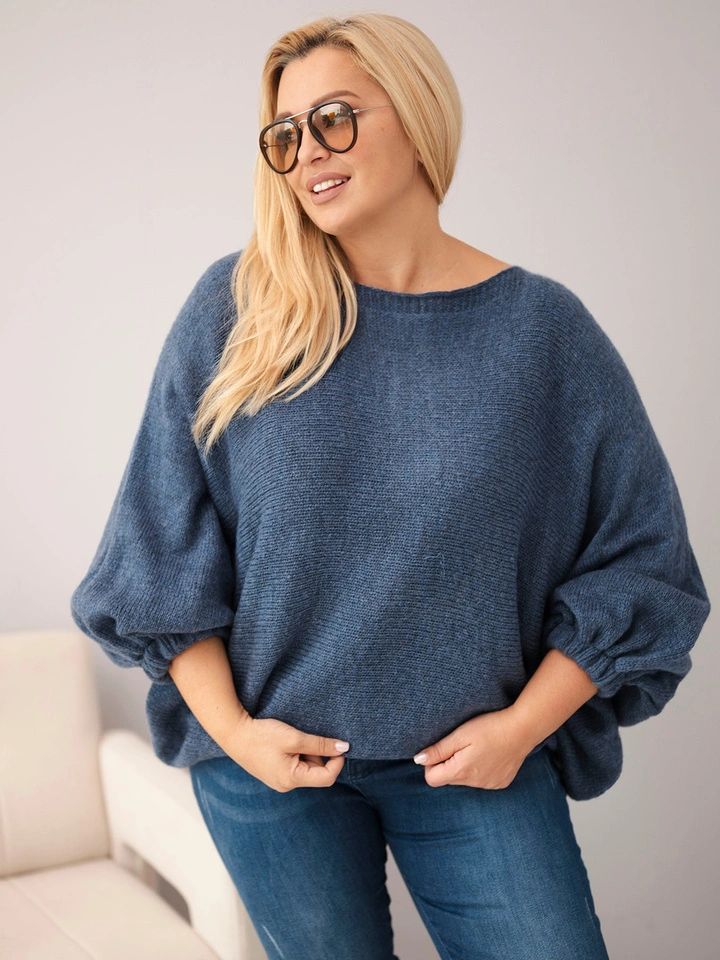 Dámsky sveter Plus Size s prídavkom vlny v voľnom strihu modrý