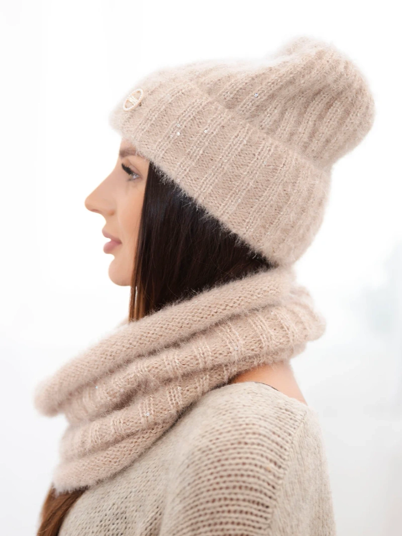 A set women's hat and snood made of knitwear dark beige