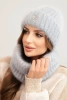 Women's set hat and winter fluffy scarf with decorative emblem gray