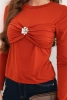 Fitted women's viscose blouse with draping and a brooch orange
