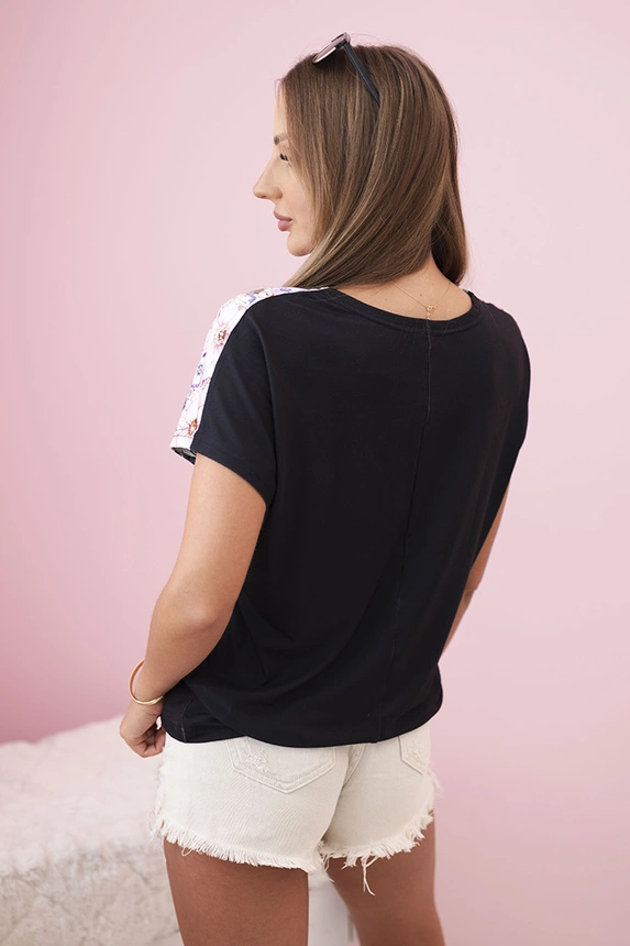 Damenbluse aus Baumwolle mit kurzen Ärmeln und floralem Druck schwarz